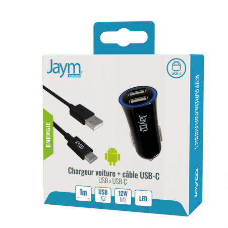 PACK CHARGEUR VOITURE 2 USB 12W 12-24V + CABLE USB VERS TYPE-C 1M NOIRS - JAYM